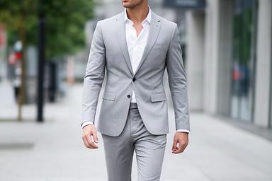 Man in a slim-fit light grey daily wear suit walking through a urban setting, looking relaxed and modern