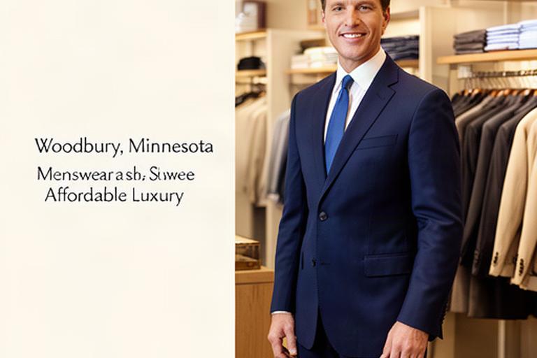 A well-dressed man in a tailored navy suit standing confidently in a Woodbury suit shop showroom with garment racks visible behind