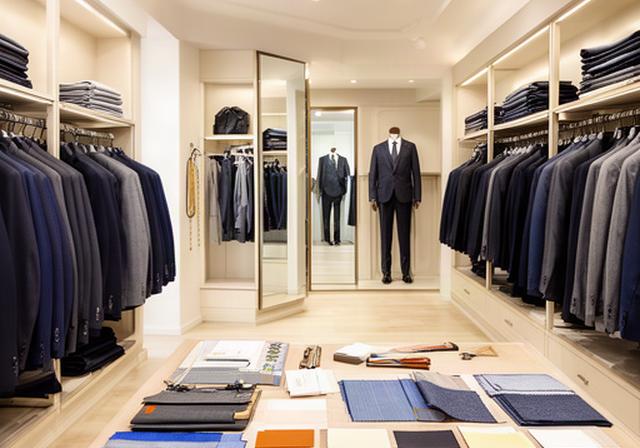 Interior of a well-organized menswear shop showing suit racks, a fitting area, and sample fabric swatches on a consultation table