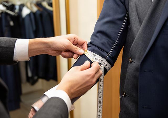 A tailor measuring a client's sleeve length with measuring tape in a well-lit fitting room with suits on display