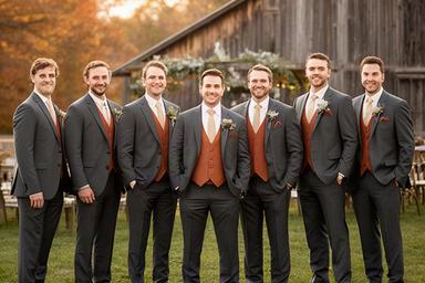 Groomsmen in coordinated three-piece suits with rust-colored vests at an outdoor barn wedding venue